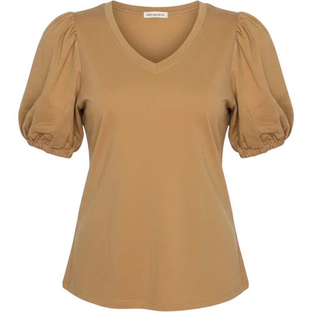 Avec Les Filles Puff Sleeve Top Womens XS Camel Tan V-Neck Cotton Short Sleeve